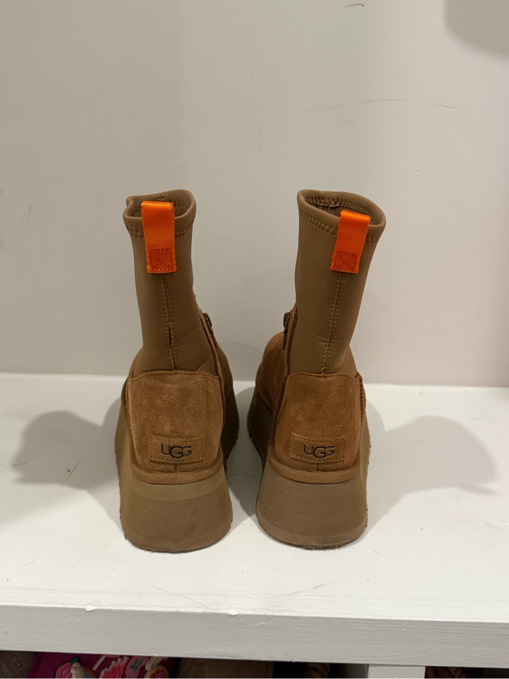 UGG Chestnut Suede Platform Ankle Boot with Orange Pull Tab